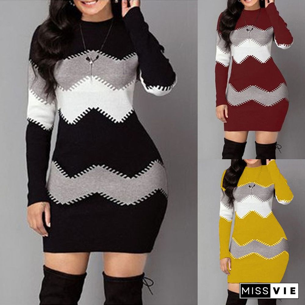 Fashion Women Ladies Long Sleeve Sweater Dress 4 Colors Color Block Long-Sleeved Sweater Bag Hip Skirt Xs-5Xl