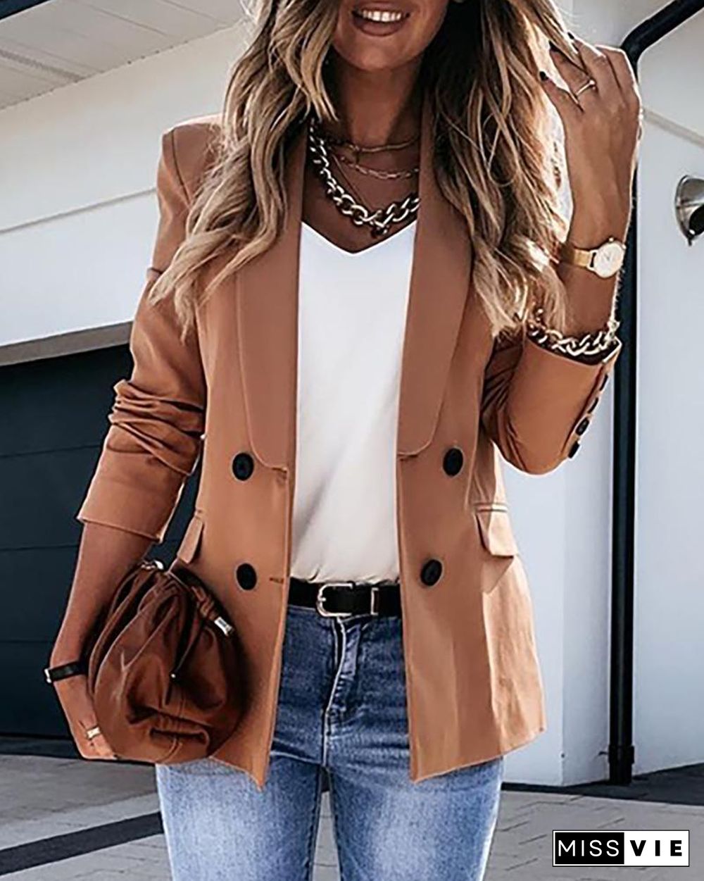 Plain Long Sleeve Double Breasted Blazer Coat