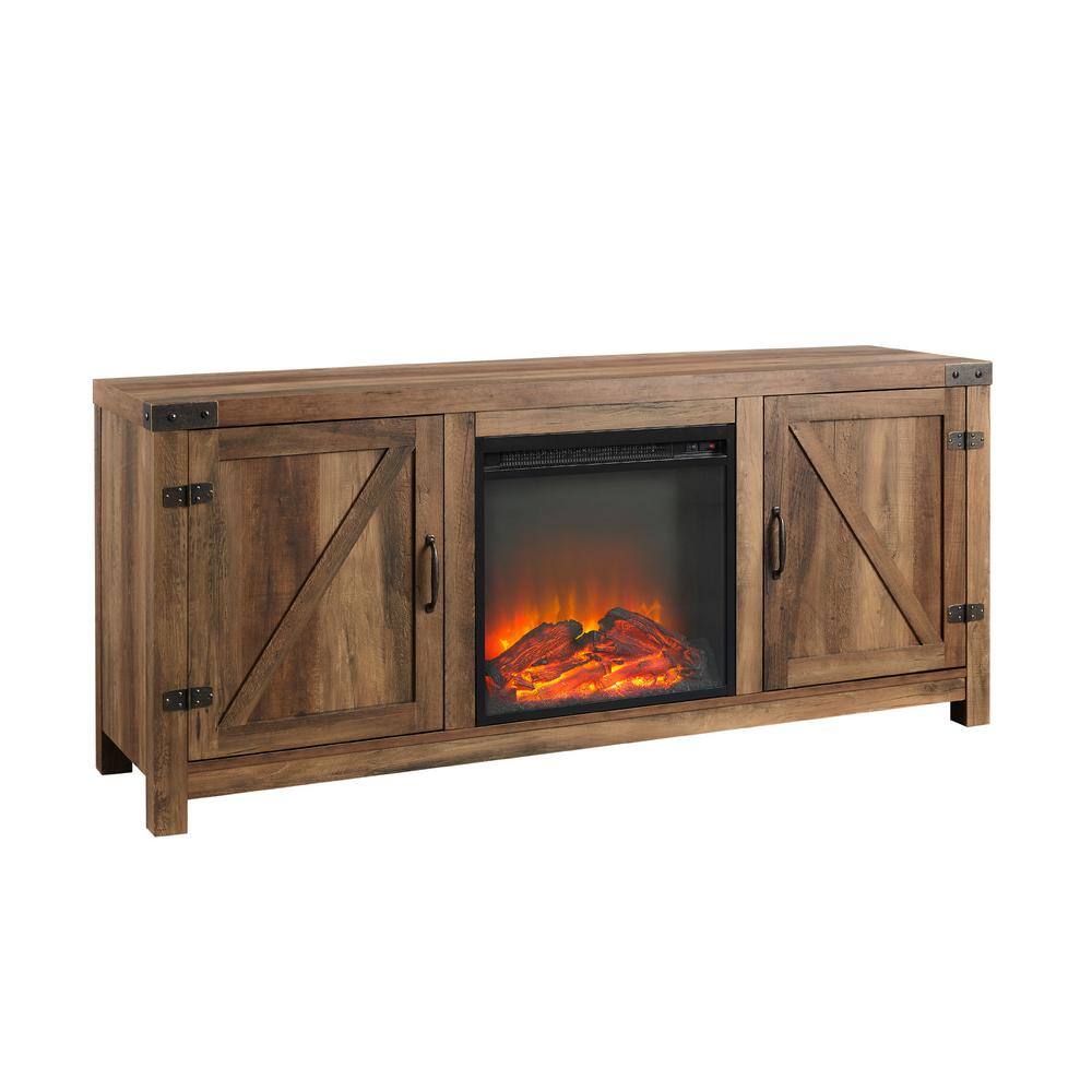 Walker Edison Furniture Company Barnwood Collection 58 in. Rustic Oak TV Stand fits TV up to 65 in. with Barn Doors and Electric Fireplace HD58FPBDRO