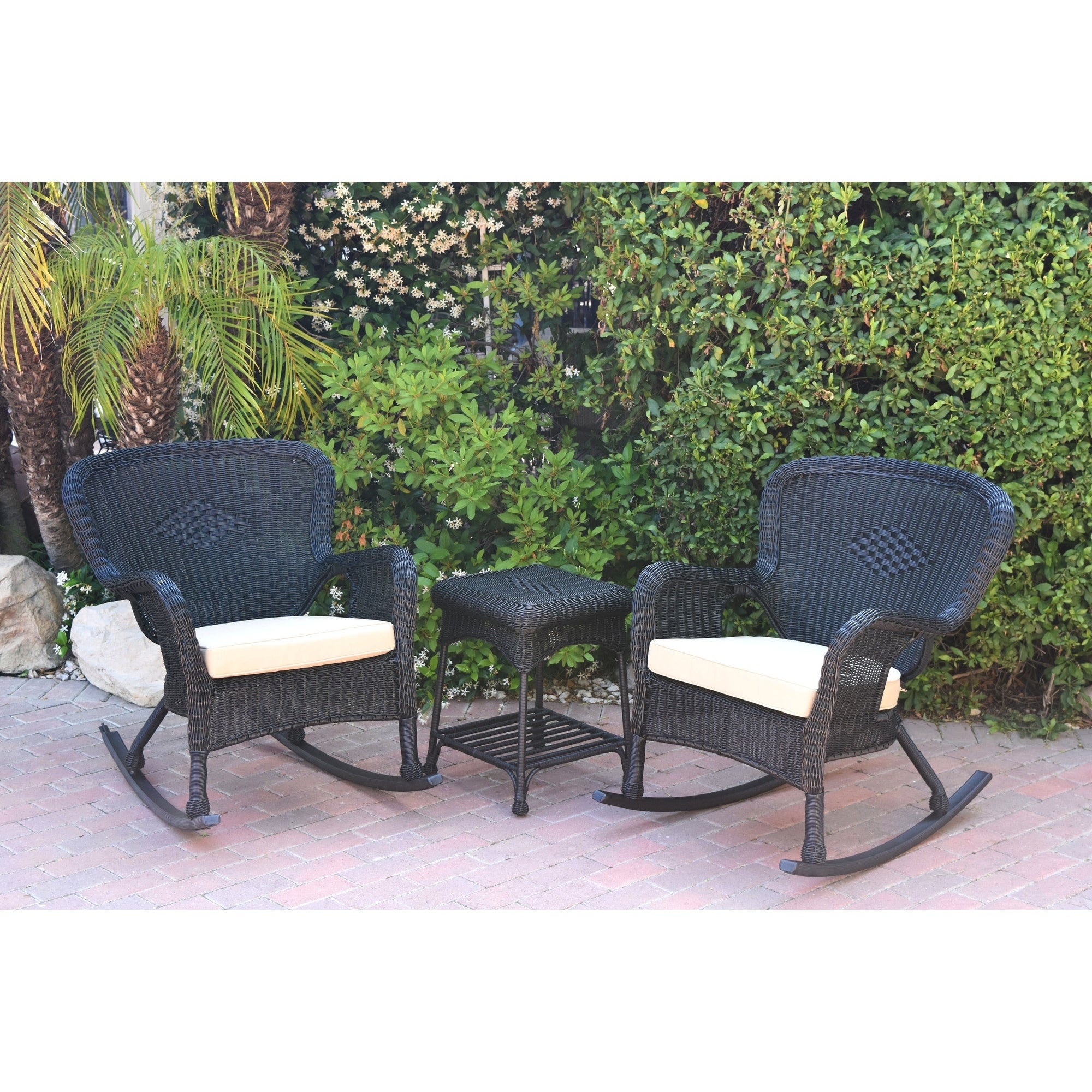 Windsor Black Wicker Rocker Chair and End Table Set with Chair Cushion - Overstock - 22898183