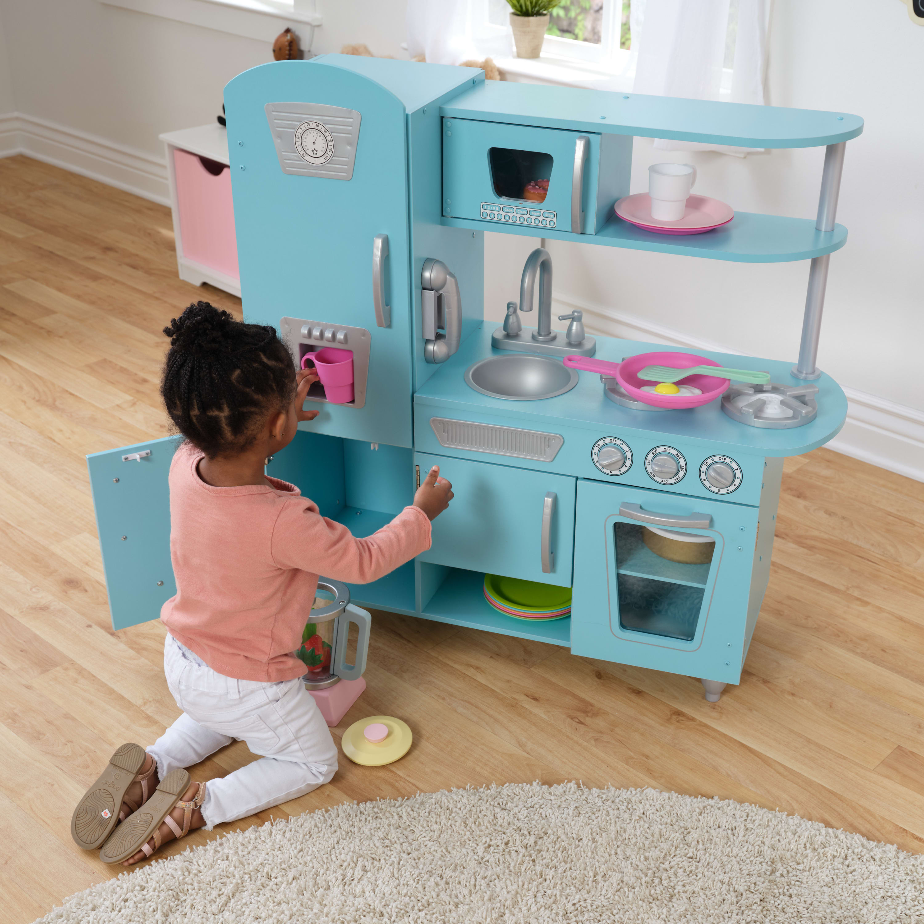 KidKraft Vintage Wooden Play Kitchen with Pretend Ice Maker and Play Phone -  Blue