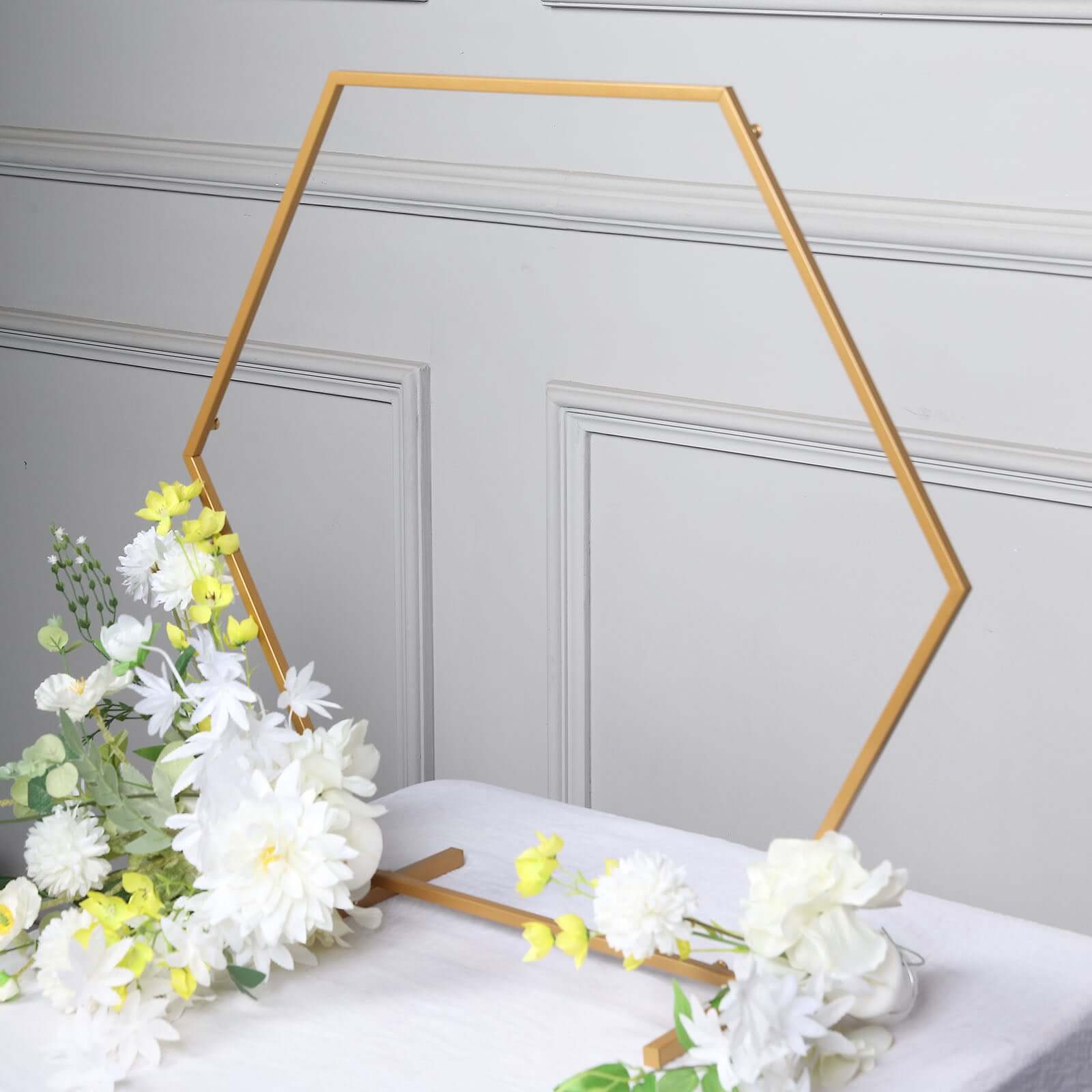 Gold Metal Hexagon Table Wedding Arch Centerpiece Stand, Geometric Self Standing Flower Balloon Frame 24