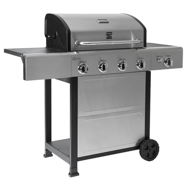 4-Burner Outdoor Propane Gas Grill with Side Burner， Open Cart， Stainless Steel