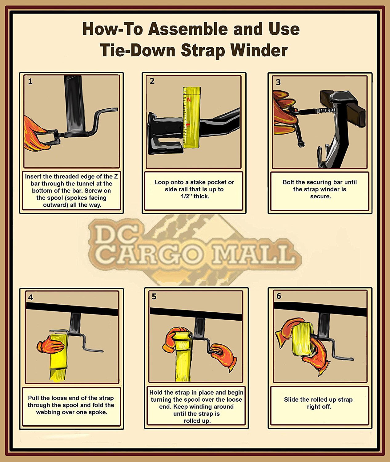 Cargo TieDown Strap Winder, Powder Coated Black. Flatbed Trailer Winch Strap Rollup. For Straps up to 4" wide. Also used in Trucks, Warehouse, Dock, Vans.