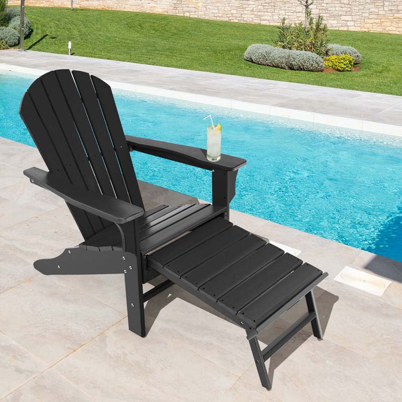 HDPE Adirondack Chair with Retractable Ottoman, Outdoor Chaise Lounge Chair for Lawn Pool Deck