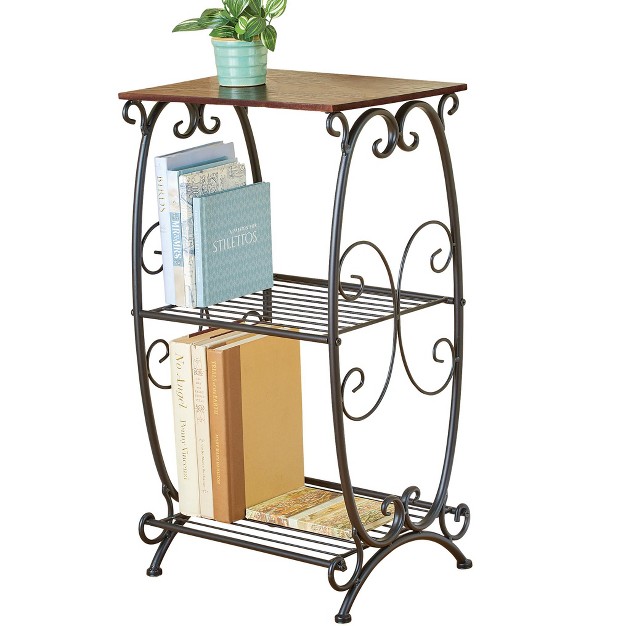 Collections Etc 3 tier Metal Shelves With Cherry Finish Wood Top End Table 14 25 X 12 X 26 N a