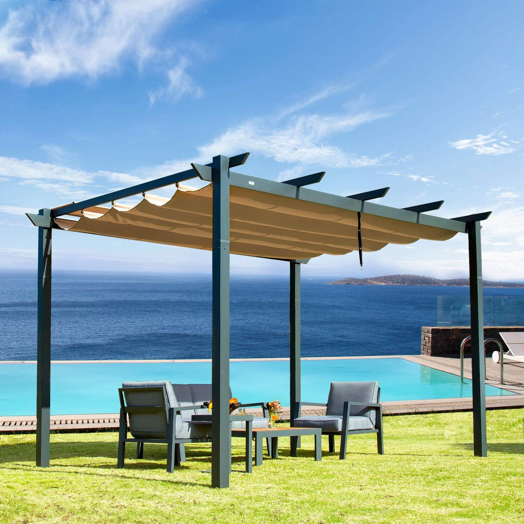 10' x 13' Outdoor Retractable Pergola with Weather-Resistant Canopy Aluminum for Garden, Porch, Gazebo, Grape Trellis Pergol