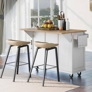 White Rubber Wood Drop-Leaf Countertop 53.1 in. W Kitchen Island with Storage Cabinet and 3-Drawers cartjinx12