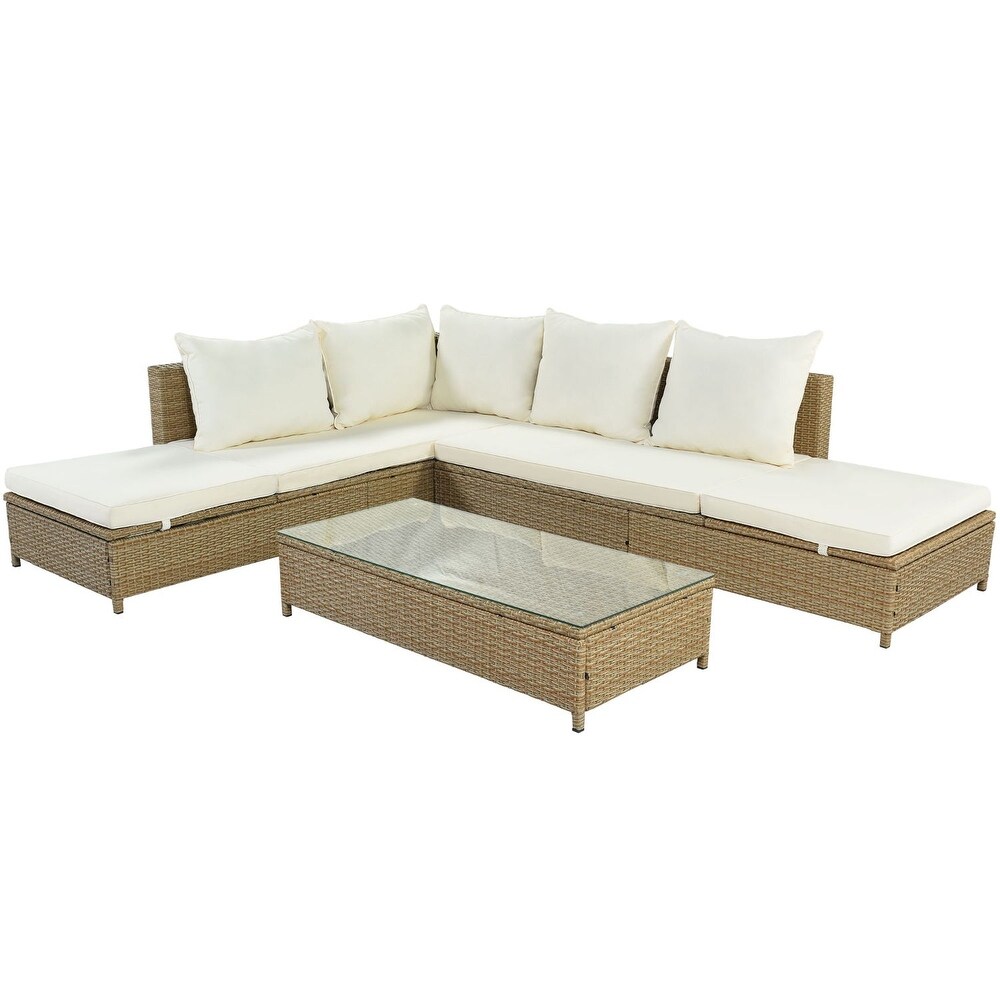 3 Piece Sofa PE Wicker Sectional Set with Adjustable Chaise Lounge Frame and Tempered Glass Table   N/A