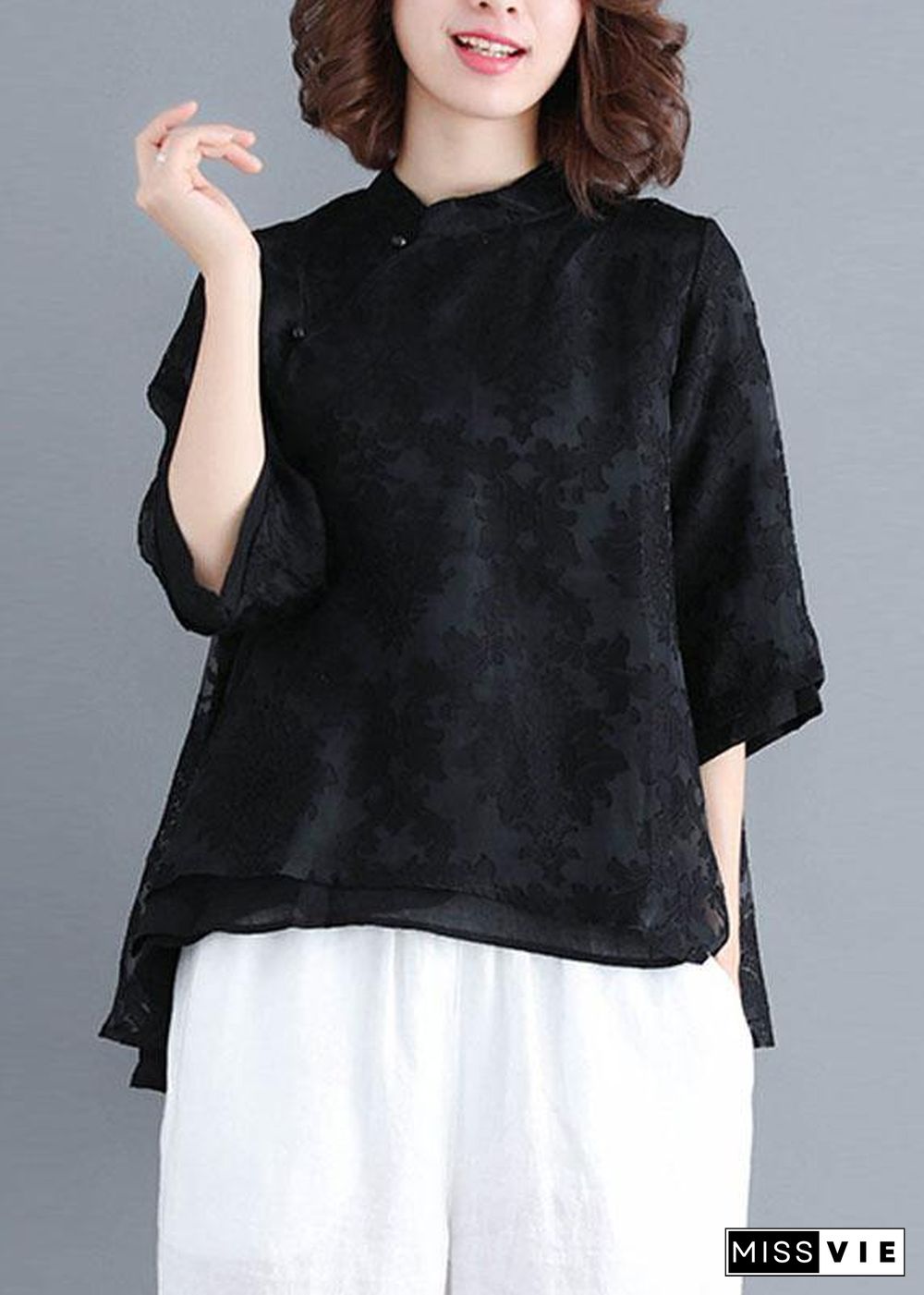 Boho White Stand Collar Asymmetrical Design Summer Tops Three Quarter Sleeve Shirt