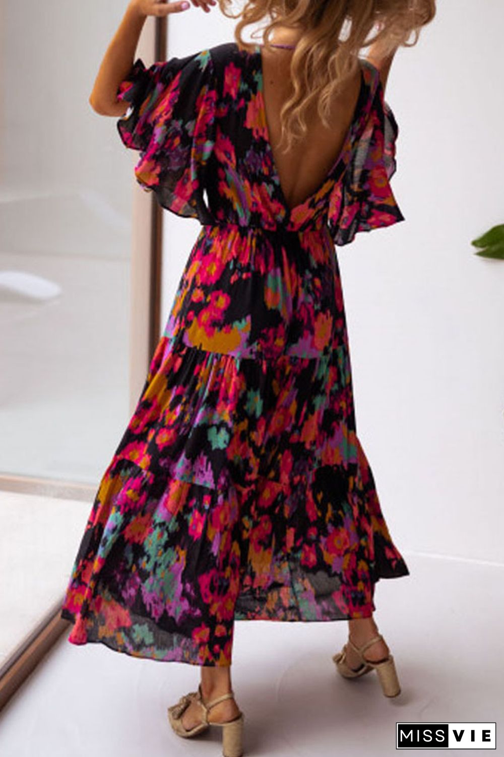 Casual Print Flounce V Neck Cake Skirt Dresses