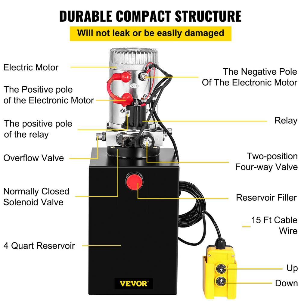 VEVOR Dump Trailer Power Unit 12-Volt Hydraulic Pump 13 Quart Single Acting with Control Remote Black CZYYB13KTTXDZYB01V0