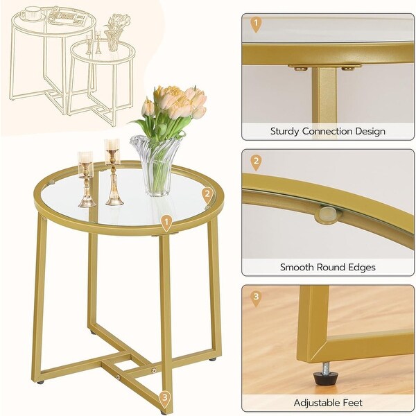 Coffee Table Set of 2，Gold End Table with Glass Top，Round Table