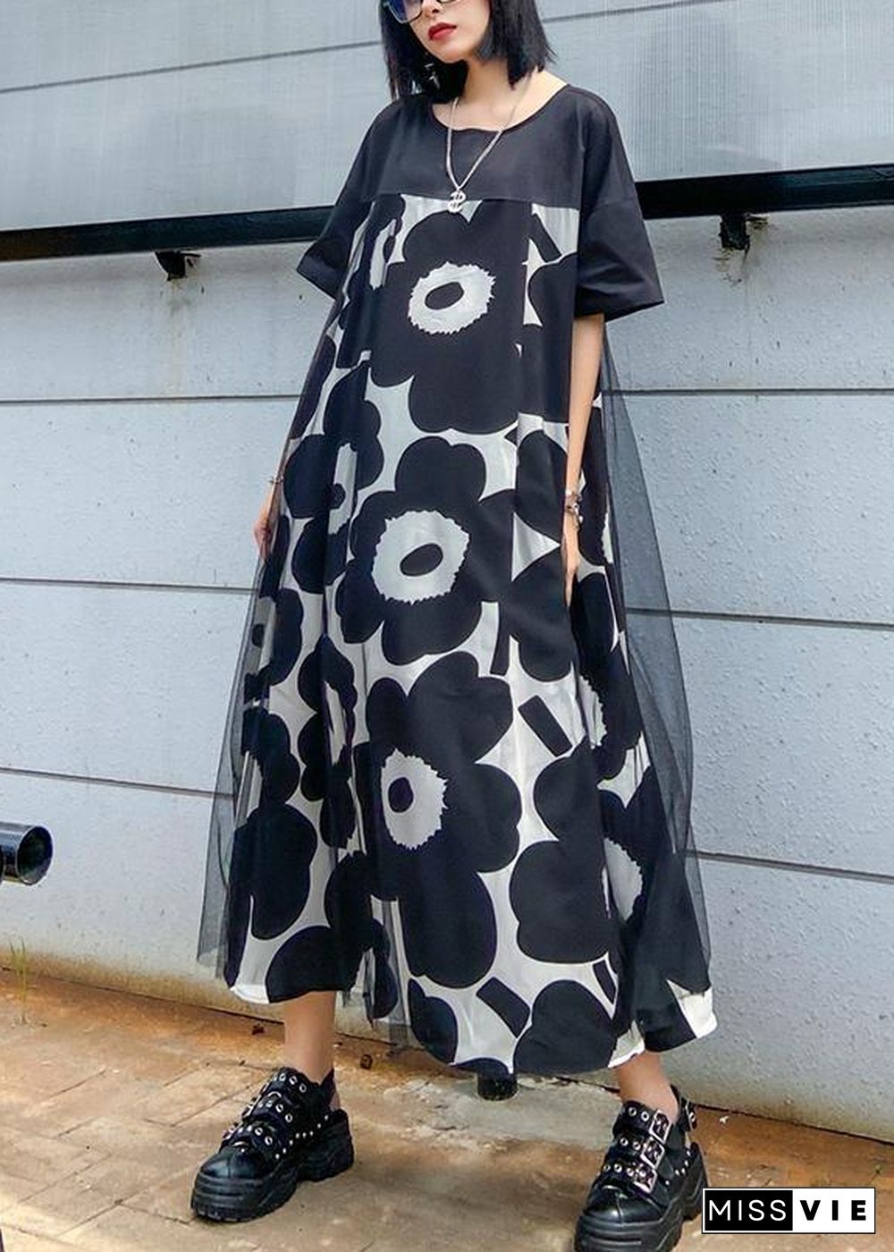 Chic black print quilting clothes o neck patchwork Maxi Dress