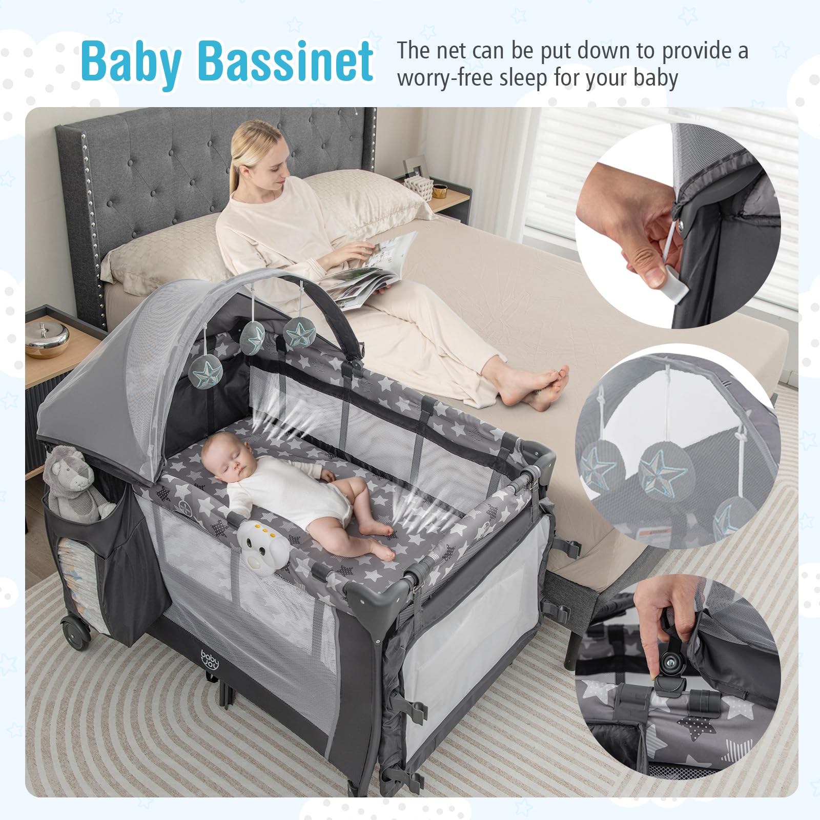 BABY JOY 4 in 1 Pack and Play, Portable Baby Playard with Bassinet