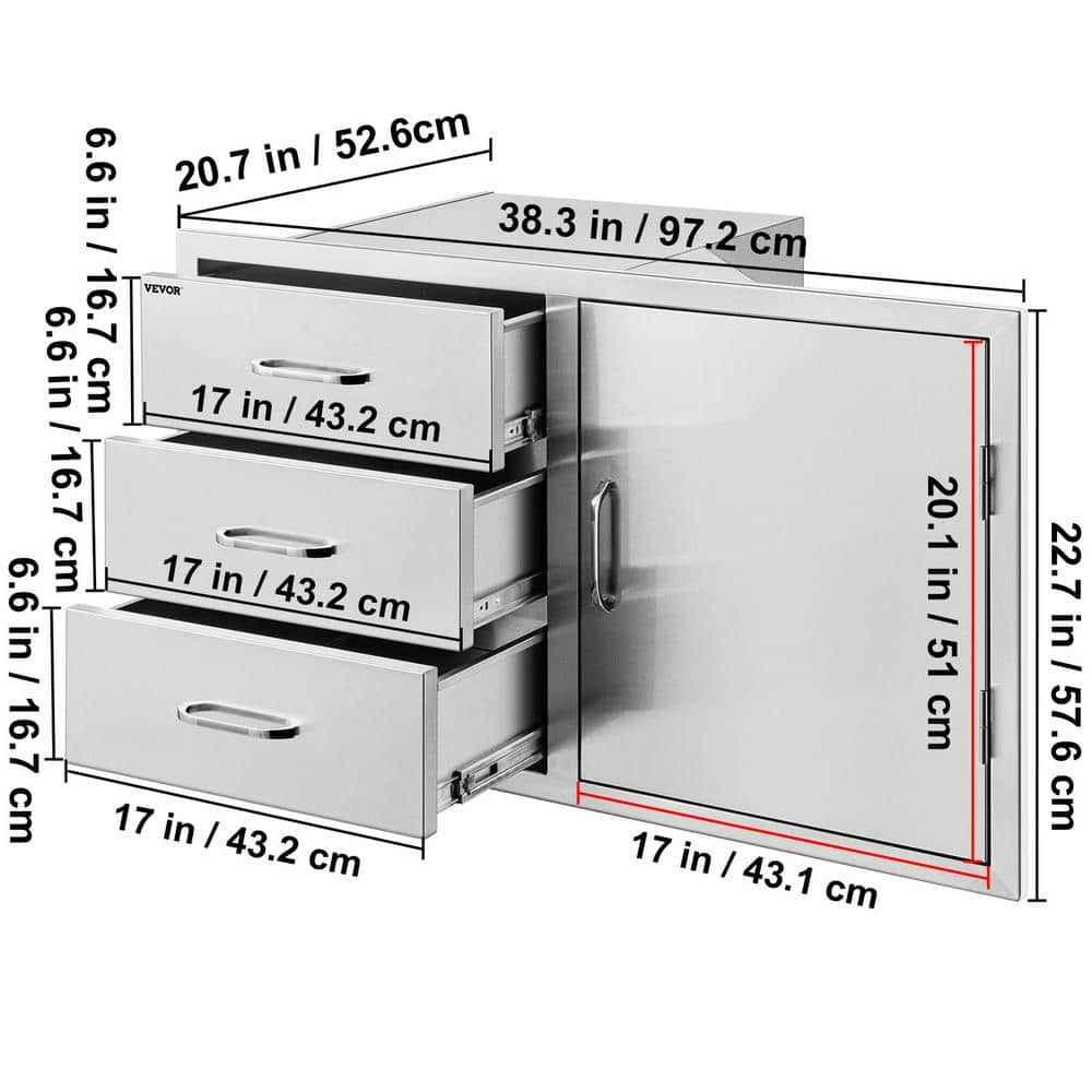 VEVOR 38.1 in. W x 22.6 in. H x 20.8 in. D Outdoor Kitchen Drawers Stainless Steel BBQ Access Drawers with Handle CTG23X38.9X21.101V0