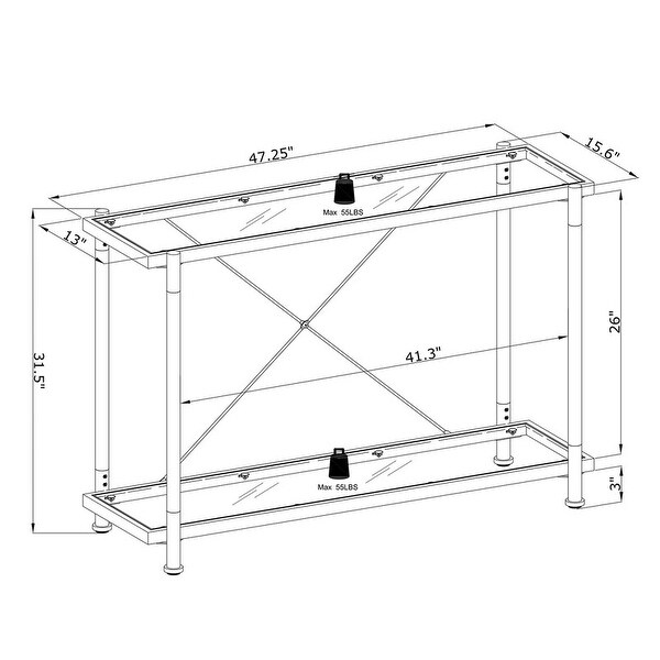 Grondin Modern Contemporary 2-Tier Console Table with Tempered Glass Top， Bottom Shelf， Steel and Acrylic Frame