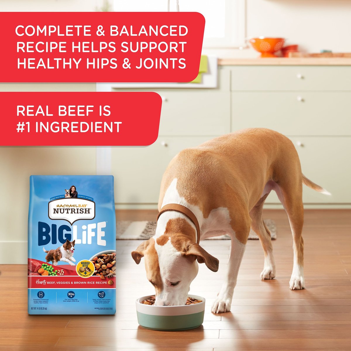 Rachael Ray Nutrish Big Life Large Breed Hearty Beef， Veggies and Brown Rice Recipe Dry Dog Food