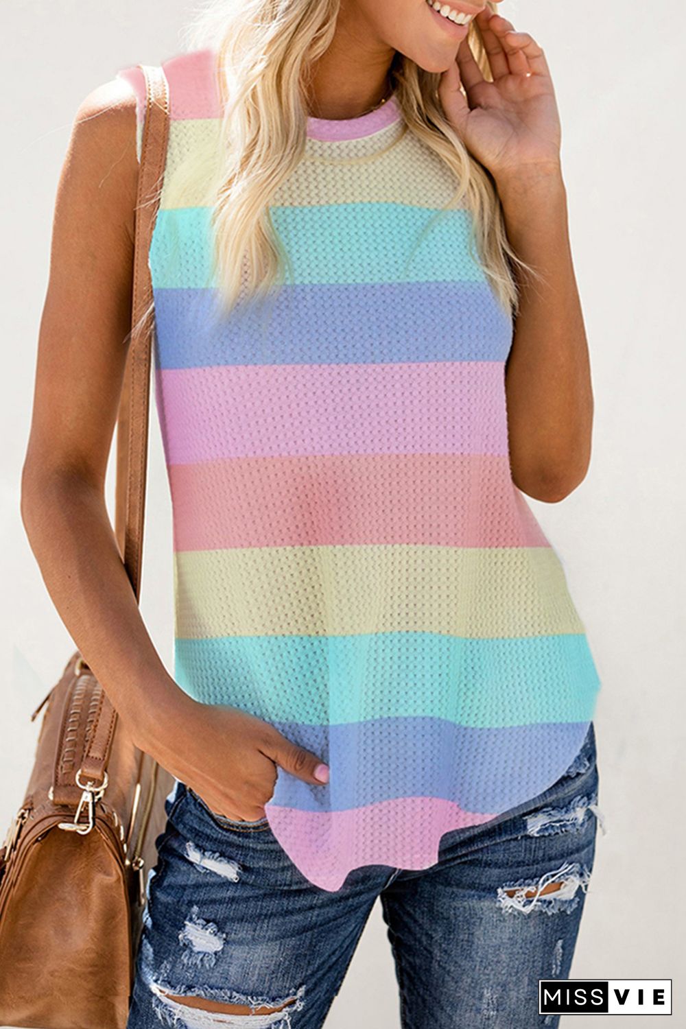 Multicolor Colorblock Striped Waffle Tank Top