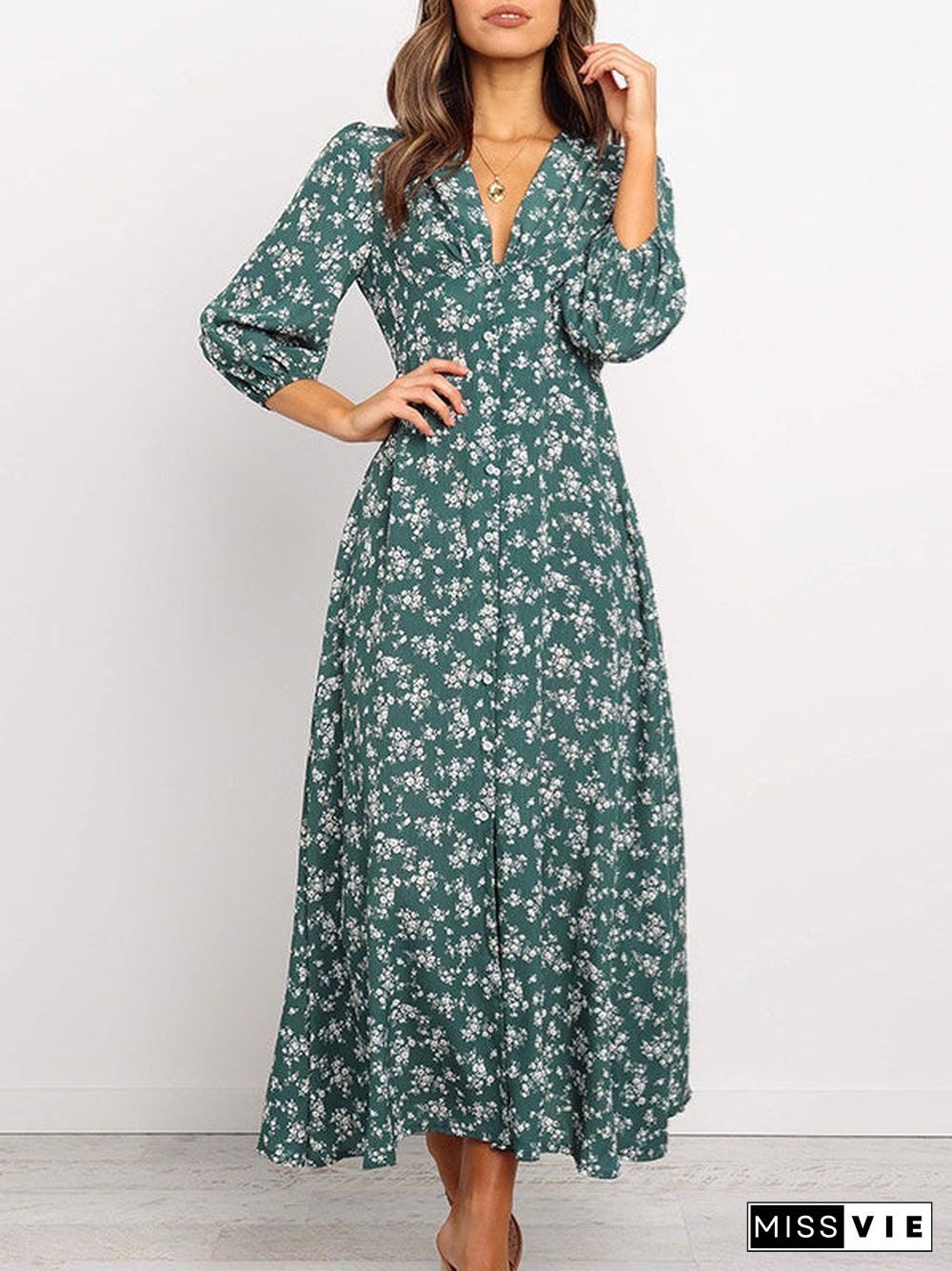 Women's Long Sleeve V-neck Floral Printed Midi Dress