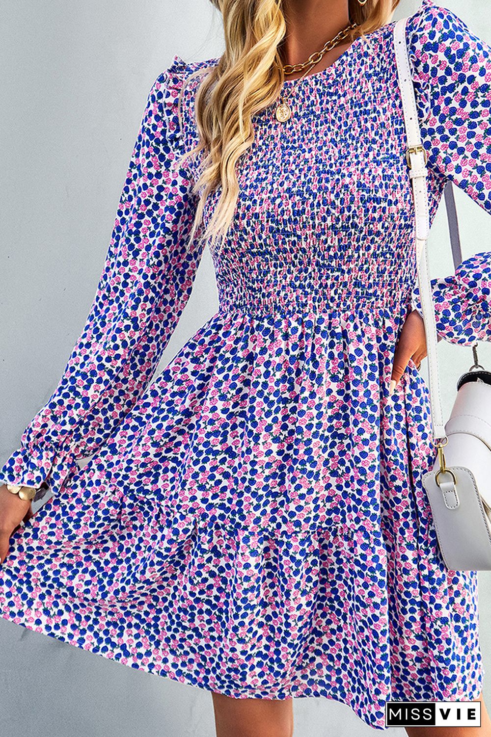 Smocked Puffy Long Sleeves Floral Dress