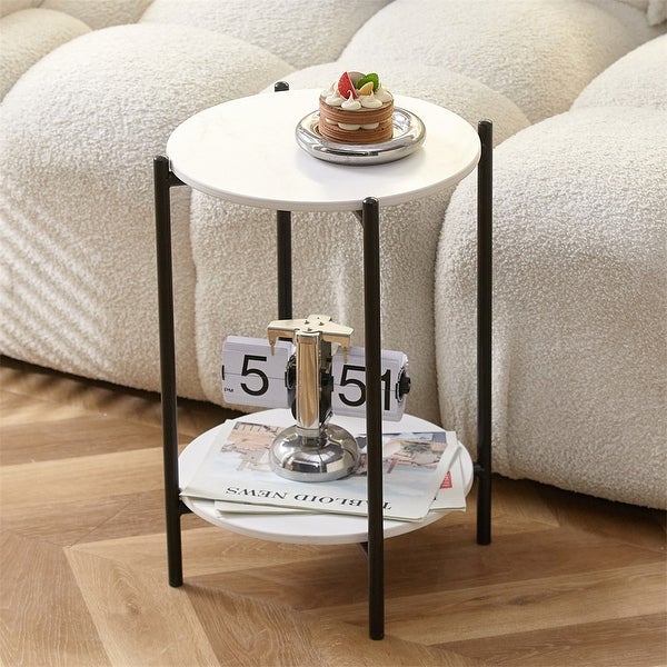 2-Tiers End Table with Marble Tabletop and Metal Frame