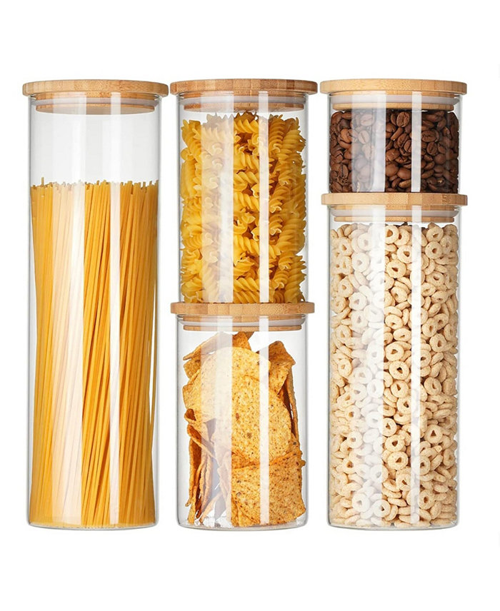 Genicook 5 Pc Borosilicate Glass Canister Set with Bamboo Lids Glass Containers