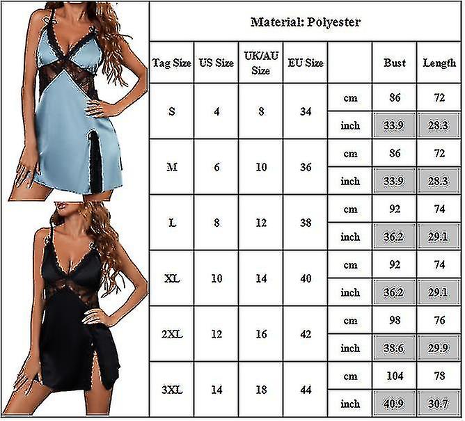 Women Lace Babydoll Nightdress Sexy See Through V-neck Lingerie Side Split Dress Sleepwear (light Blue)