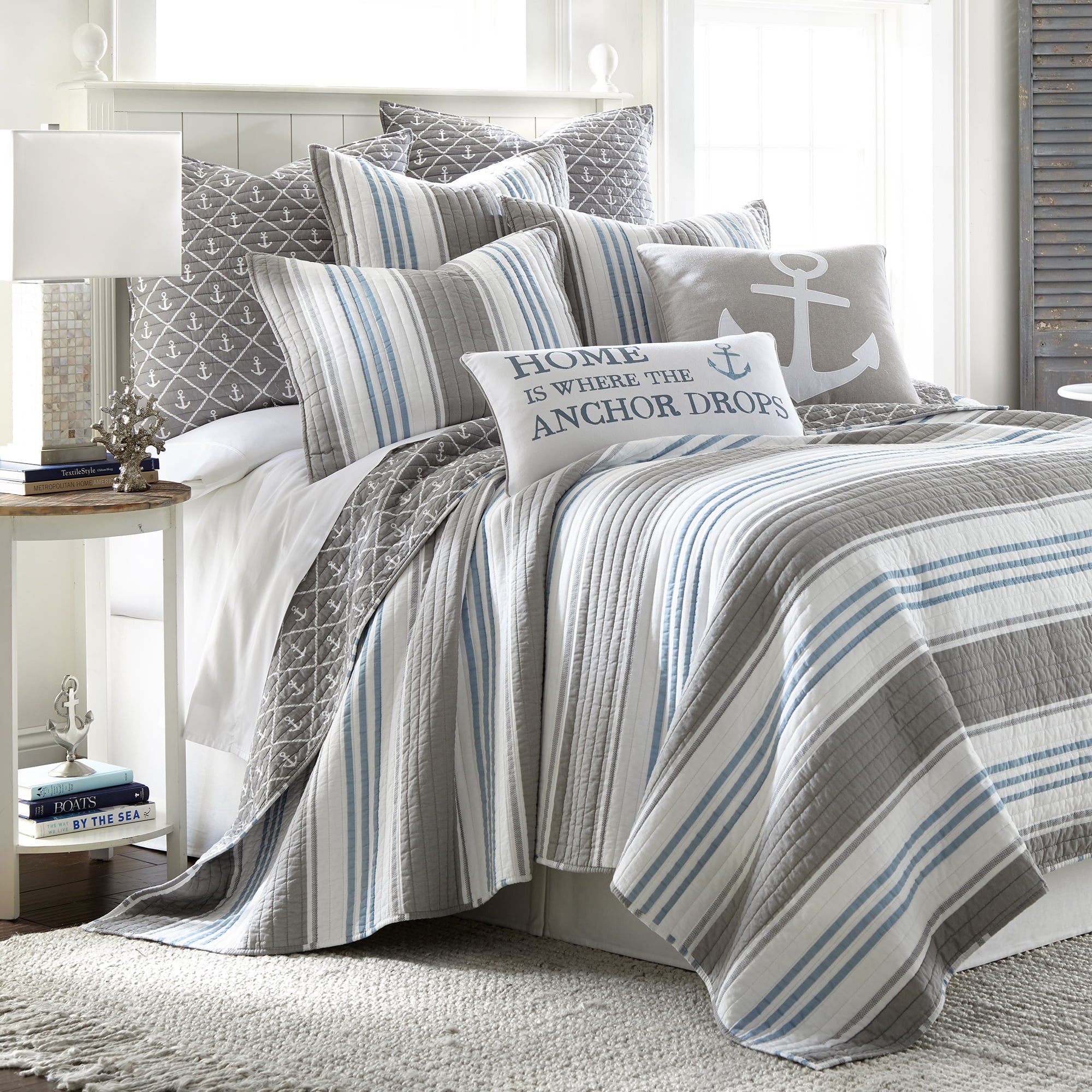 Levtex Home - Provincetown - Full/Queen Quilt (88x92in.) - Coastal Stripes - Grey， White， Blue - Reversible - Cotton Fabric