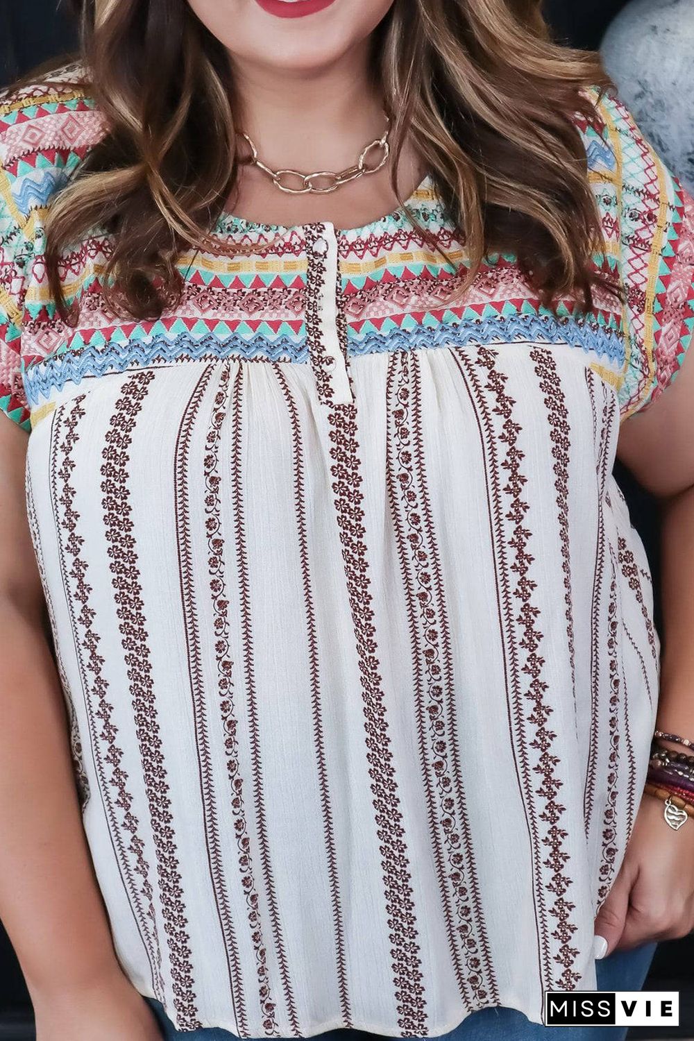 Multicolor Plus Size Boho Floral Striped Print Blouse