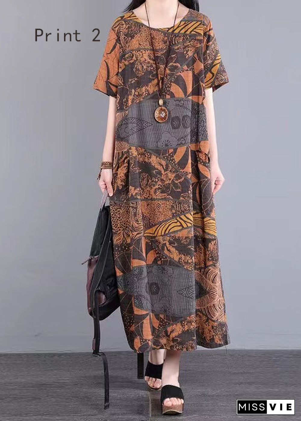 Handmade O Neck Print Patchwork Cotton Long Dress Summer