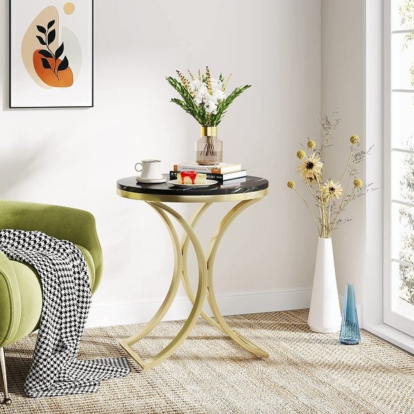 White/ Gold Modern Round End Side accent Table with Faux Marble Top， C Shaped Gold Legs Entryway Tables