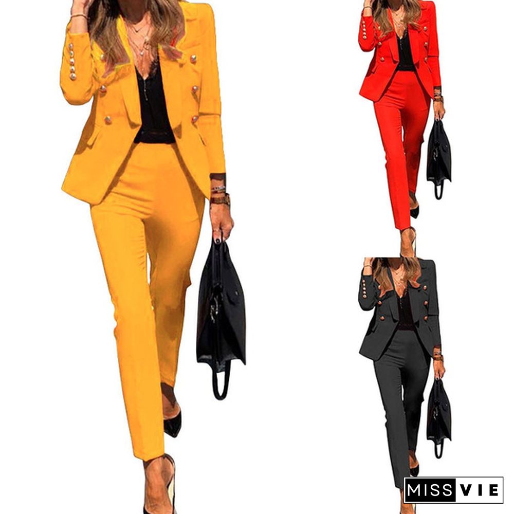 Women's Solid Color Suit Set Office Outfits Formal Work Blazer Jacket Pants Business