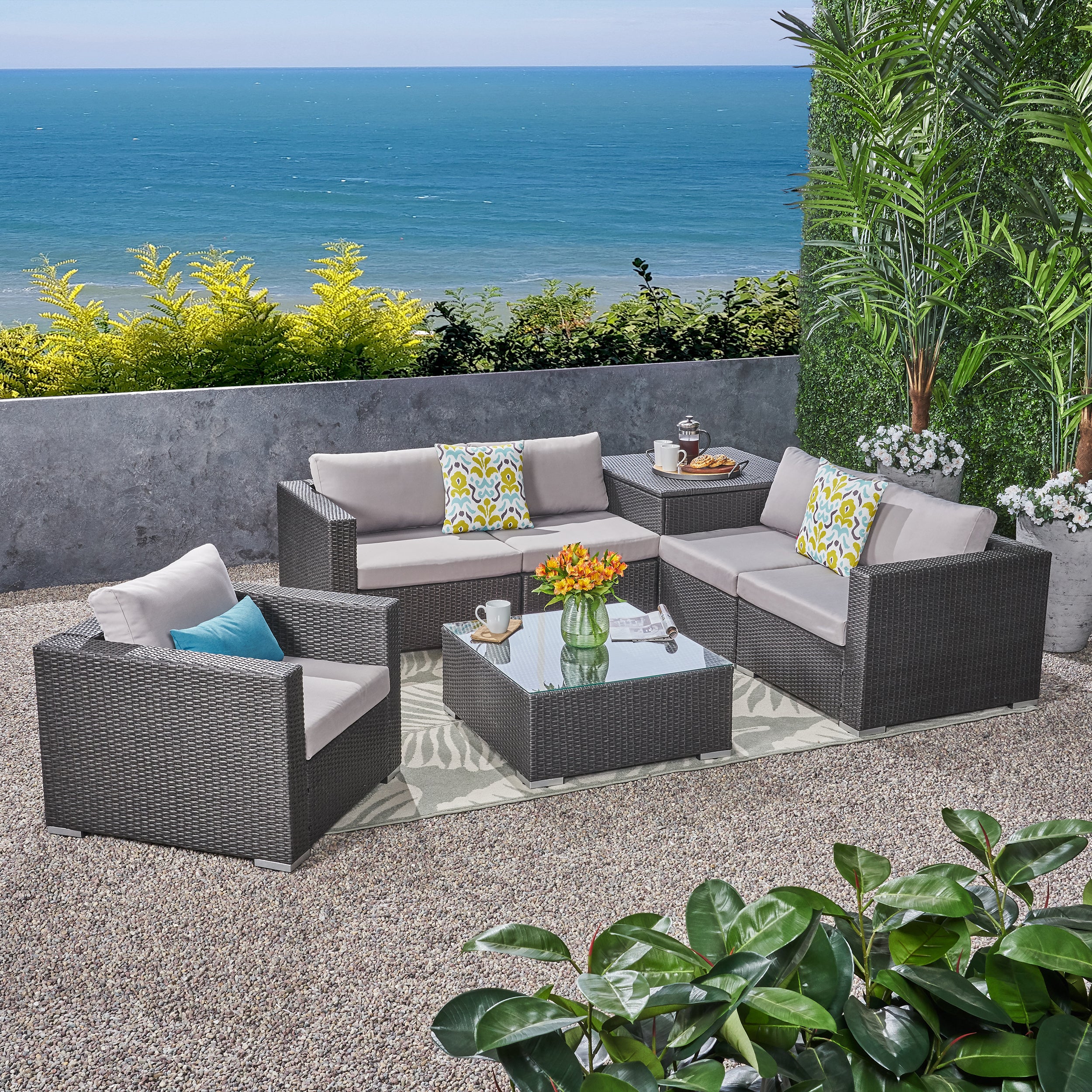 Valentina Outdoor 5-Seater Sectional Sofa Set with Club Chair and Storage Ottoman