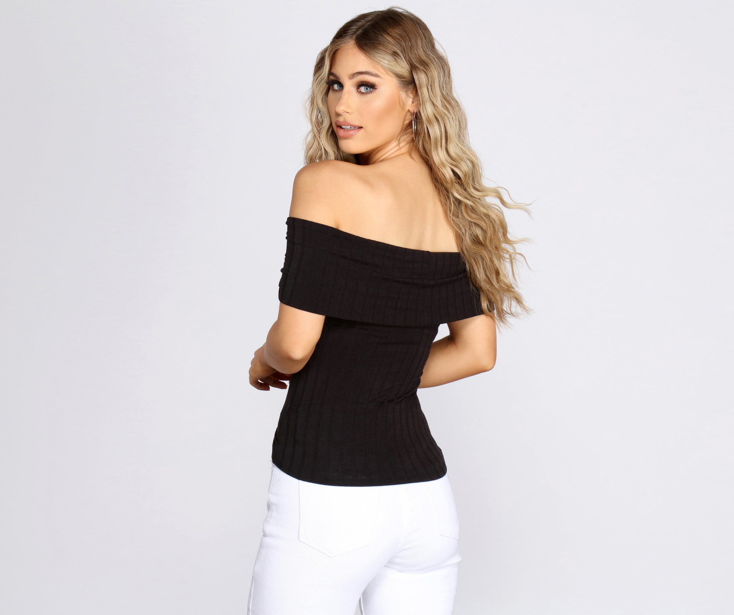 Ribbed Off Shoulder Crossover Top