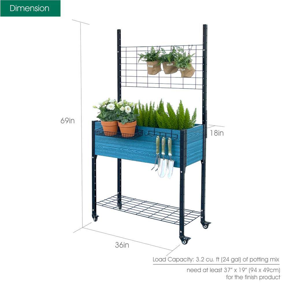 EverBloom Self-Watering 18 in. D x 69 in. H x 36 in. W Blue Composite Mobile Elevated Planter with Trellis and Basket and Hook Set K2303