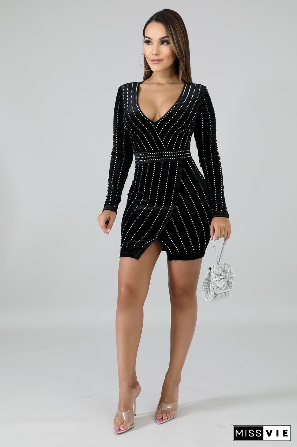 Hot Drilling Long Sleeve V Neck Bodycon Mini Dress