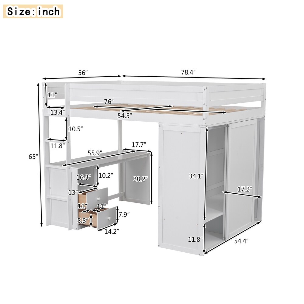 Full Size Pine Loft Bed w/ Wardrobes Storage Bed   Drawer  Desk Upholstered Bed Frame  Space Saving/No Box Spring Required