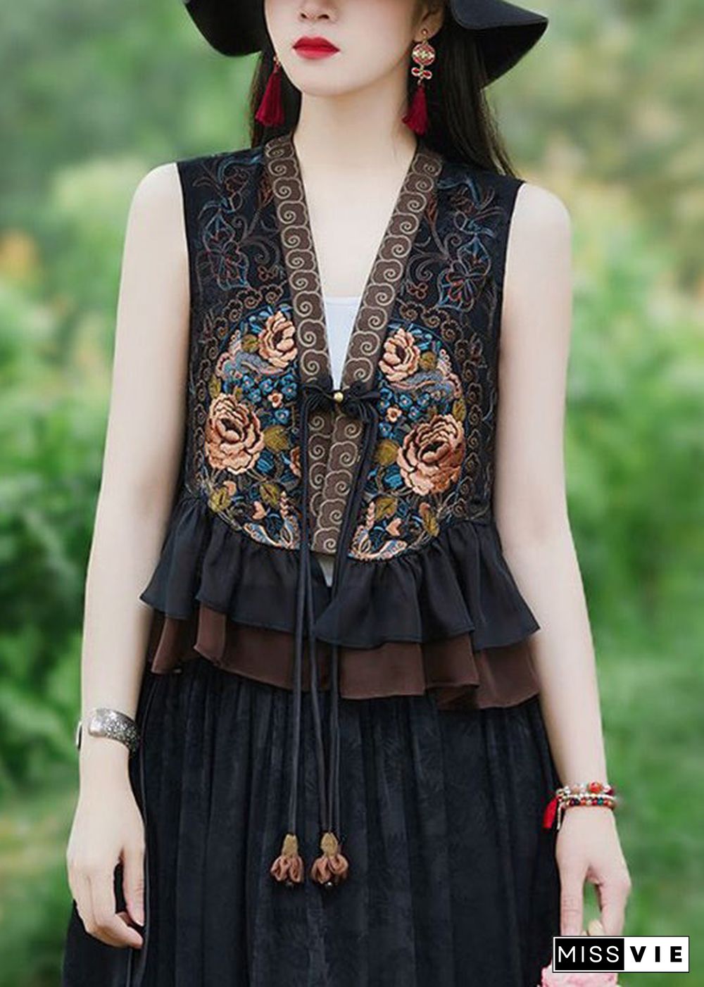 Women Black Ruffled Tasseled Patchwork Silk Waistcoat Sleeveless