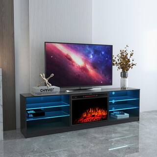 79 in. Black Modern Fireplace TV Stand with Open Shelf Fits TV's up to 70 in. with RGB Light D-W331S00042