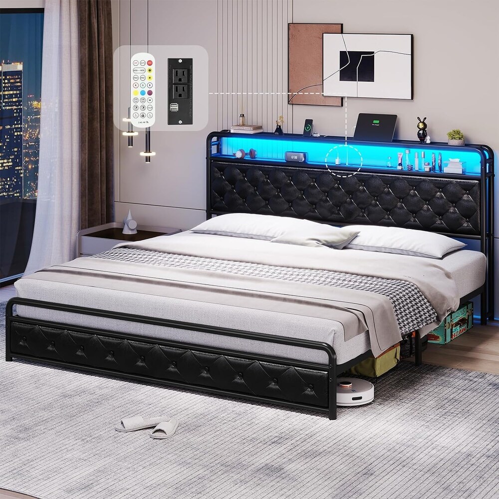 King Size Bed Frame with Built in LED Light Headboard