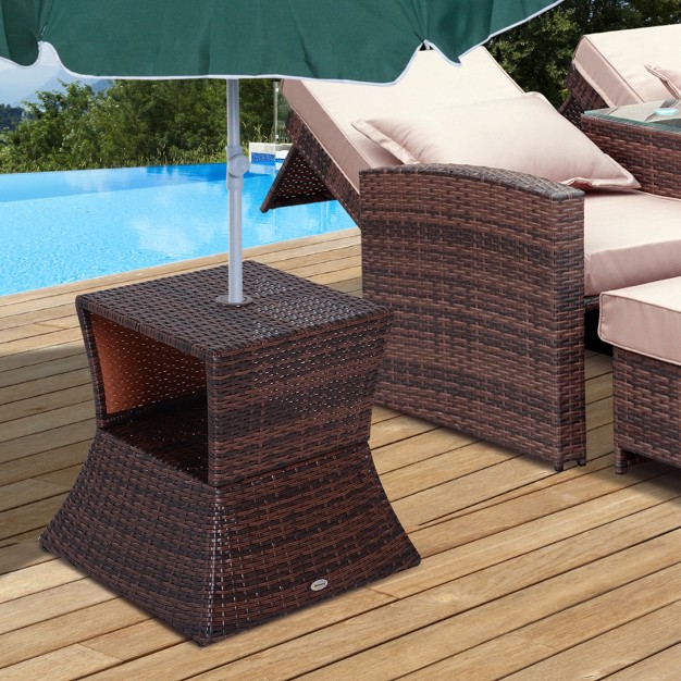 Outsunny Rattan Wicker Side Table With Umbrella Hole 2 Tier Storage Shelf For All Weather For Outdoor Patio Garden Backyard Mixed Brown