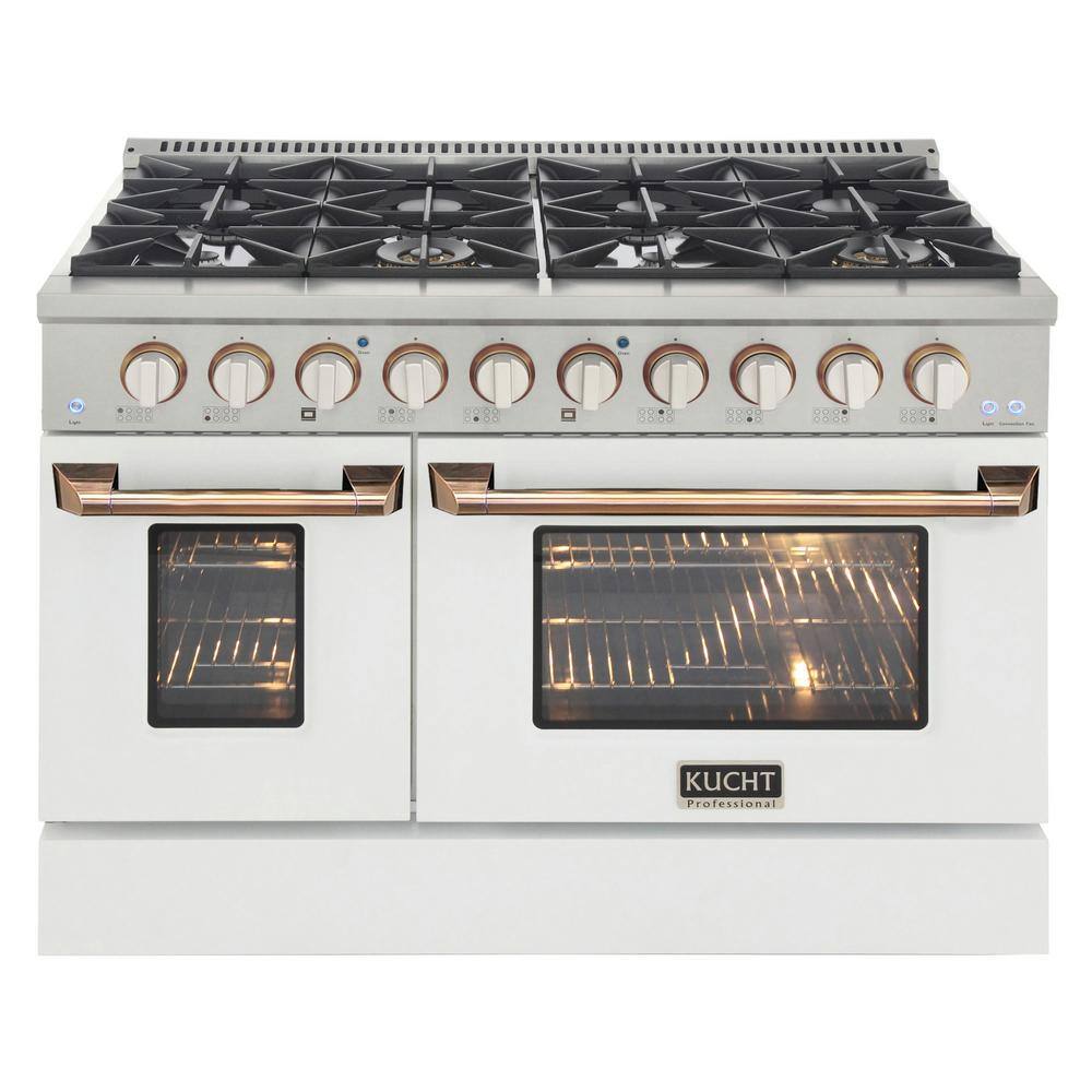 Kucht Custom KNG 48 in. 6.7 cu. ft. Natural Gas Range Double Oven with Convection in White with White Knobs and Gold Handle KNG481-W-GOLD