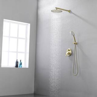 Boyel Living 5-Spray Patterns with 3.2 GPM 10 in. Wall Mount Dual Shower Heads with Rough-In Valve Body and Trim in Brushed Gold SMD-88040BG-10