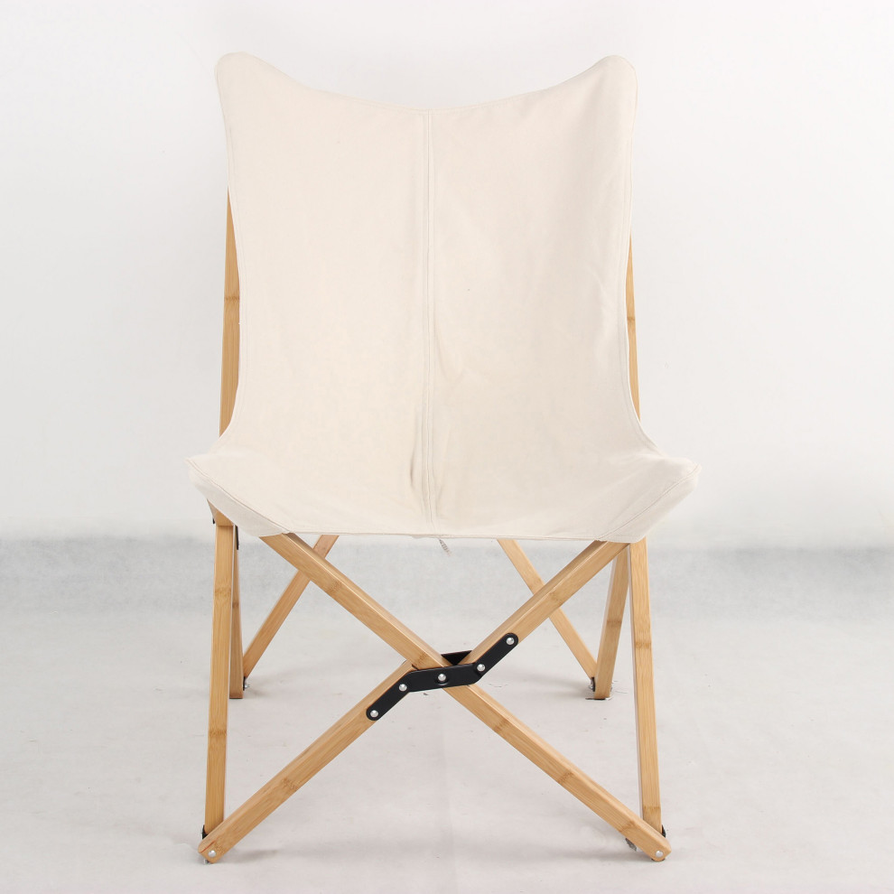 Canvas And Bamboo Butterfly Chair   White   2 Piece Set   Midcentury   Folding Chairs And Stools   by VirVentures  Houzz