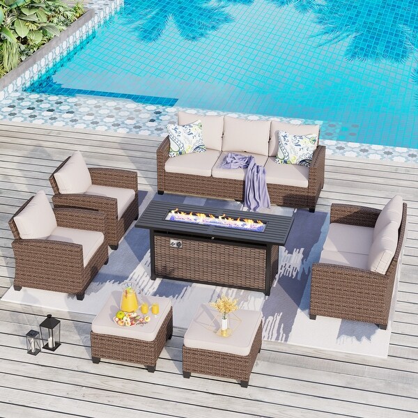 9Seat Patio Furniture Wicker Rattan Outdoor Highback Sectional Sofa Conversation Set with Firepit Table