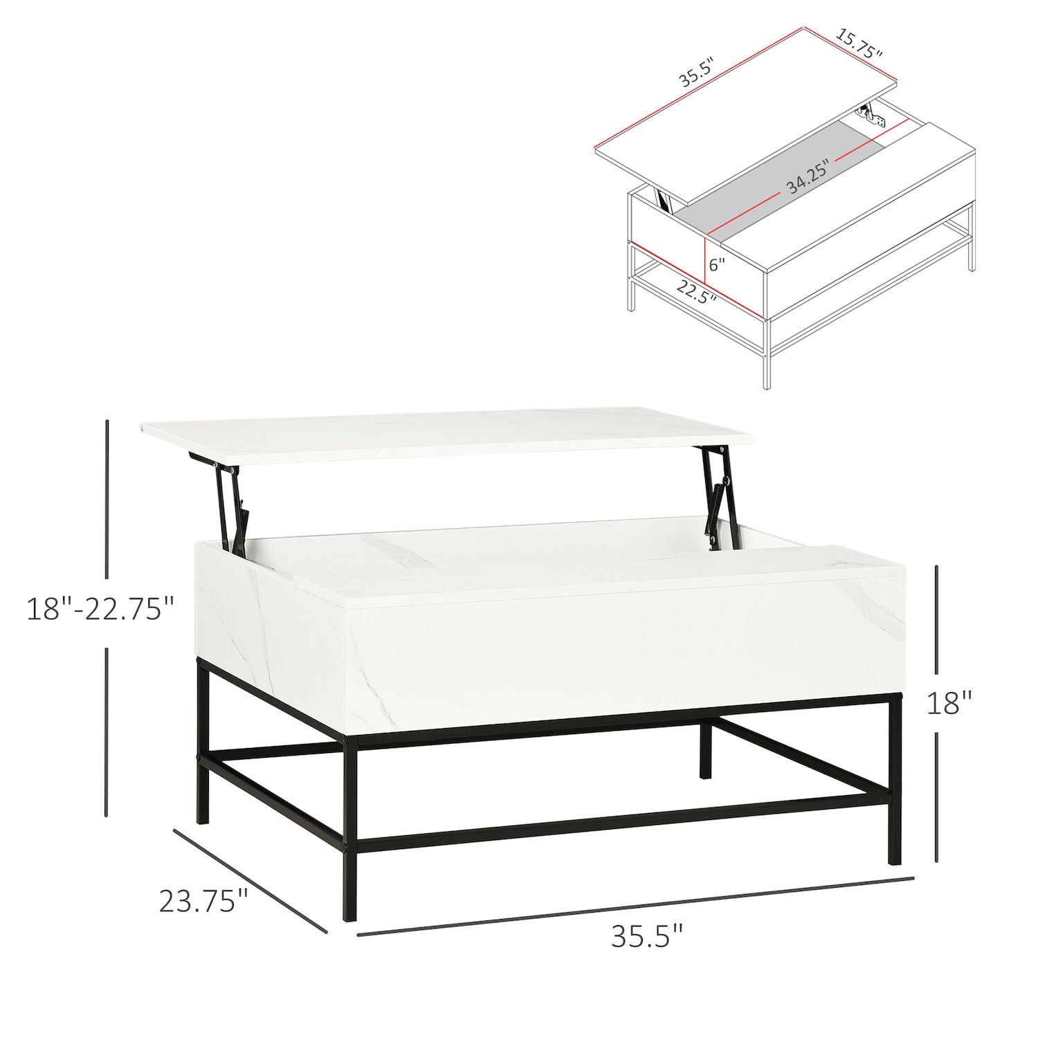 HOMCOM Modern Lift Top Coffee Table with Hidden Storage Compartment and Metal Legs， for Living Room， Home Office， White