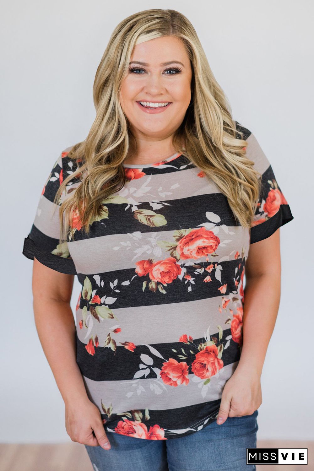 Gray Plus Size Striped Floral Short Sleeve Top