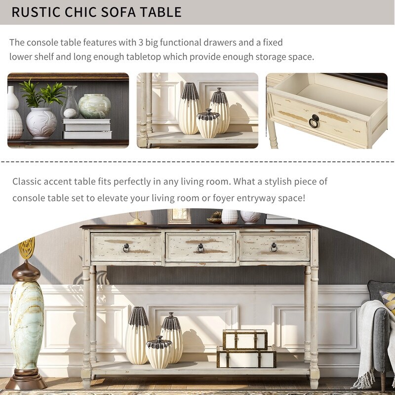 Rustic Solid Wood Console Table with Projecting Drawers and Long Shelf