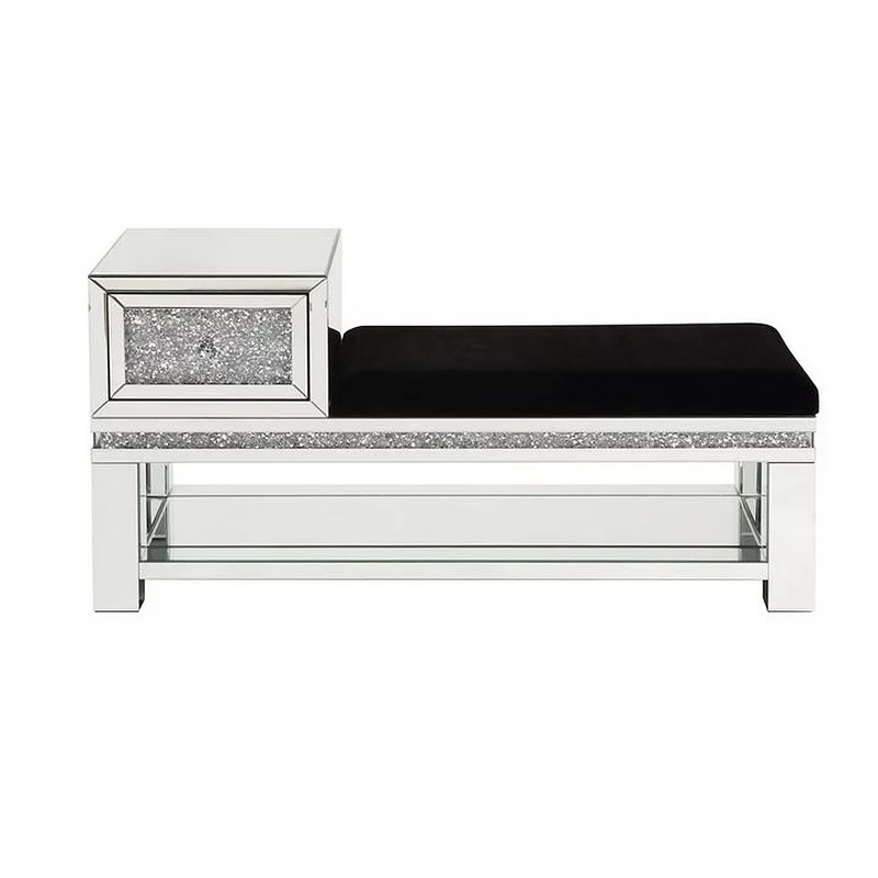 Mirrored Storage Bench with Faux Diamonds and Open Shelf， Silver